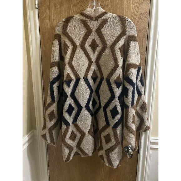 Jodifl Tan Brown Black Geometric Faux Hair Print Cardigan Sz L Western Soft Open - Picture 12 of 16